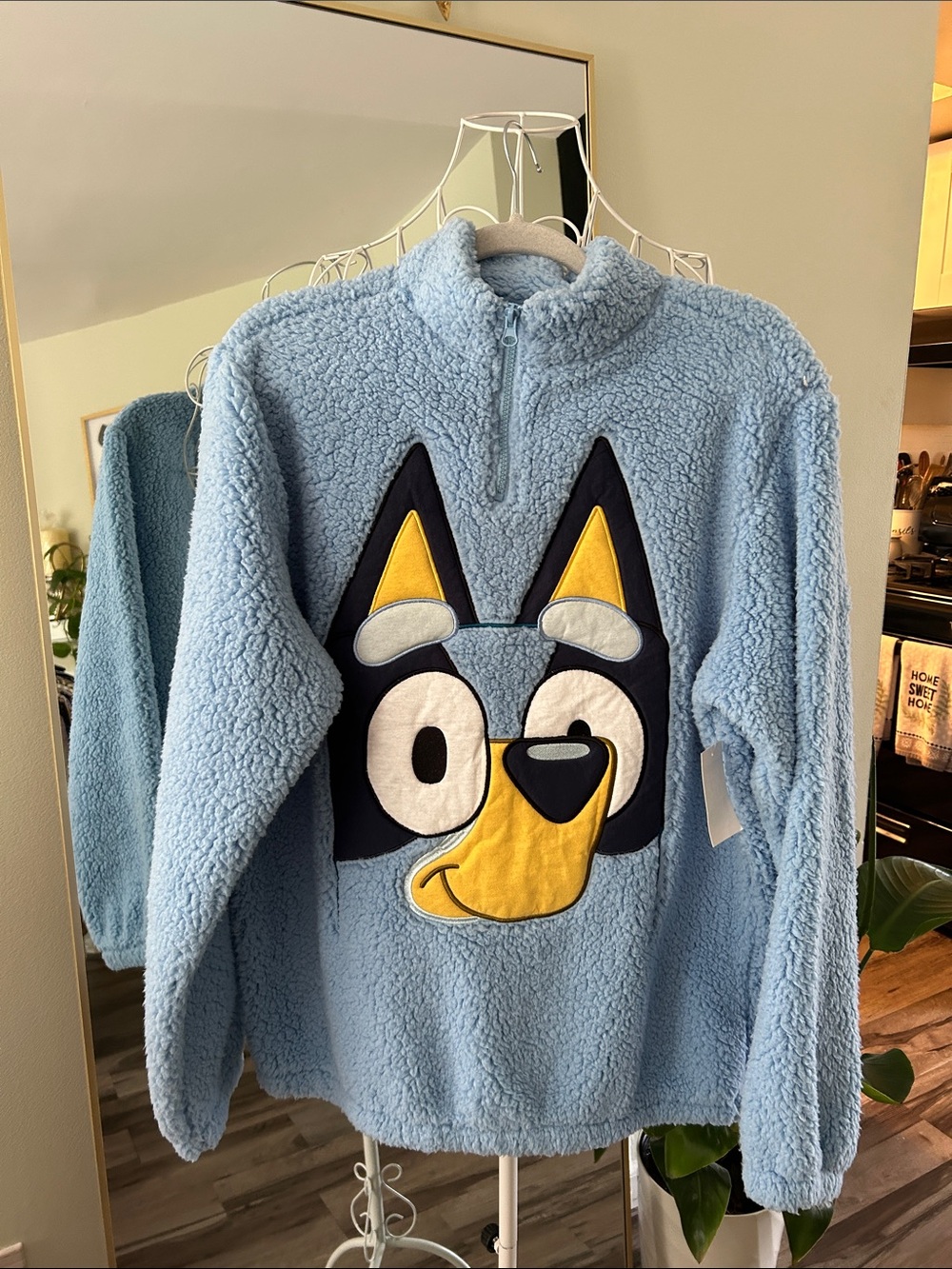 Light Blue Sherpa unisex Pullover with Playful Cartoon Applique